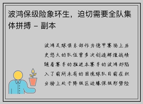 波鸿保级险象环生，迫切需要全队集体拼搏 - 副本